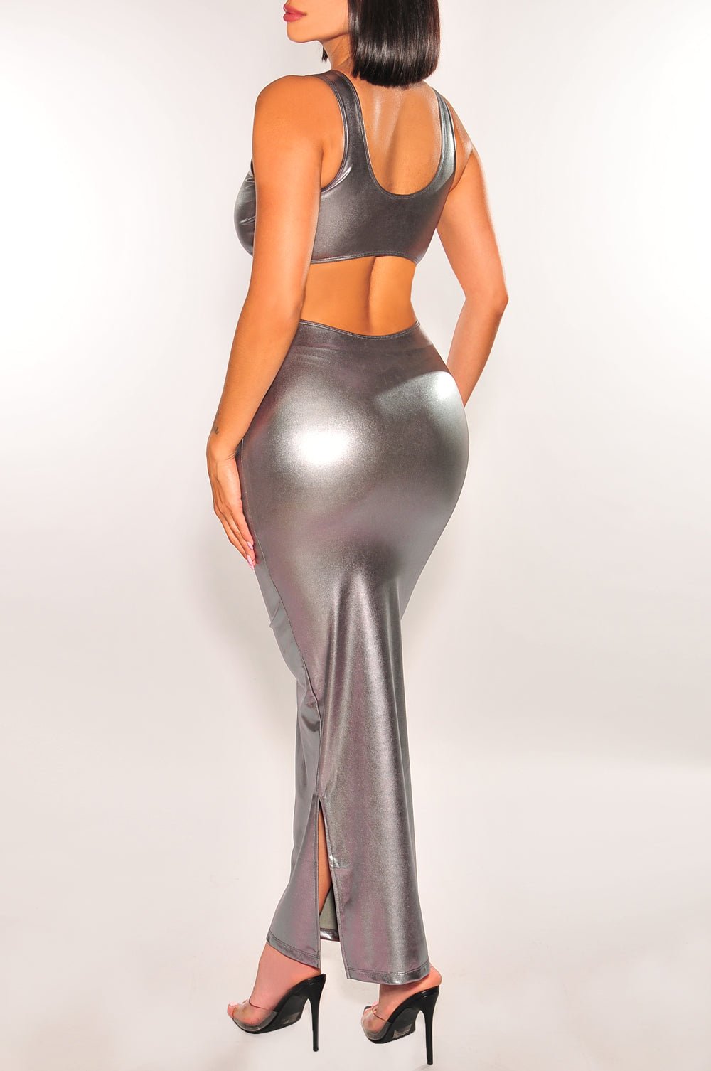 Silver Chrome O-Ring Sleeveless Cut Out Double Slit Dress