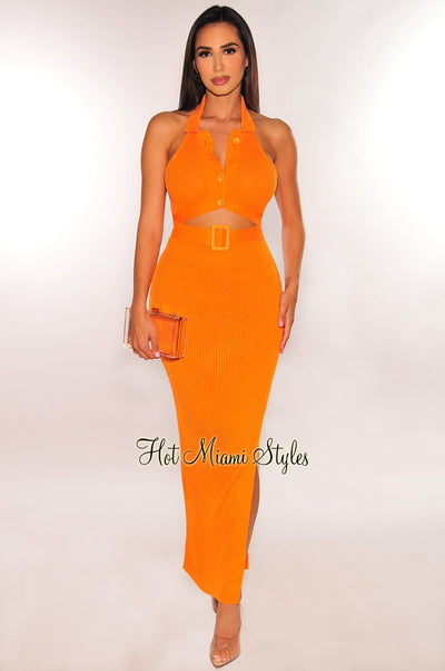 Tangerine Collared Ribbed Knit Cut Out Belted Dress - Hot Miami Styles