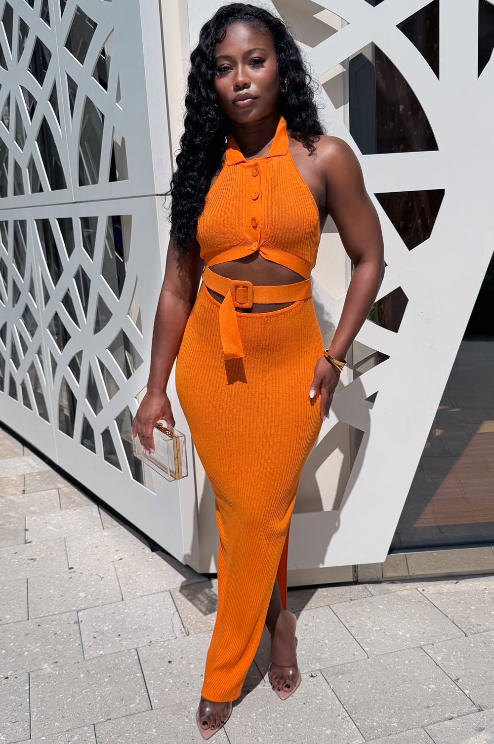 Tangerine Collared Ribbed Knit Cut Out Belted Dress – Hot Miami Styles
