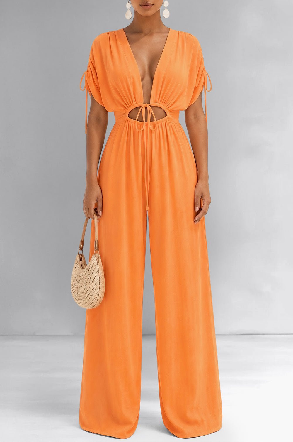 orange dress jumpsuit Tangerine Cut Out Linen Wide Leg Small front pleats A Line V Neck Pirate Wedding Dress Material:97%Polyester+3%Elastane