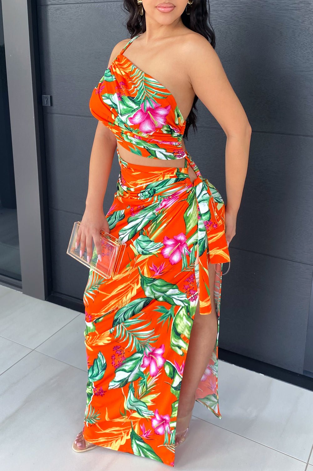 Tangerine One Shoulder Tropical Print Cut Out Slit Maxi Dress Hot Miami Styles Tangerine One Shoulder Tropical Print Cut Out Slit Maxi Dress Hot Miami Styles