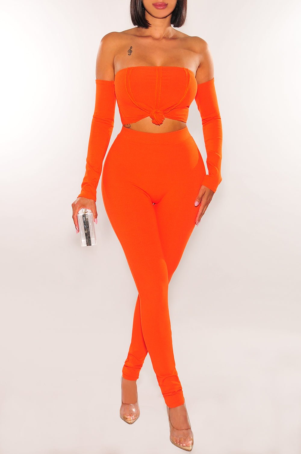 Black Ribbed Off Shoulder High Waist Pants Two Piece Set – Hot