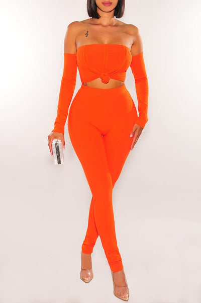Tangerine Ribbed Off Shoulder High Waist Pants Two Piece Set - Hot Miami Styles