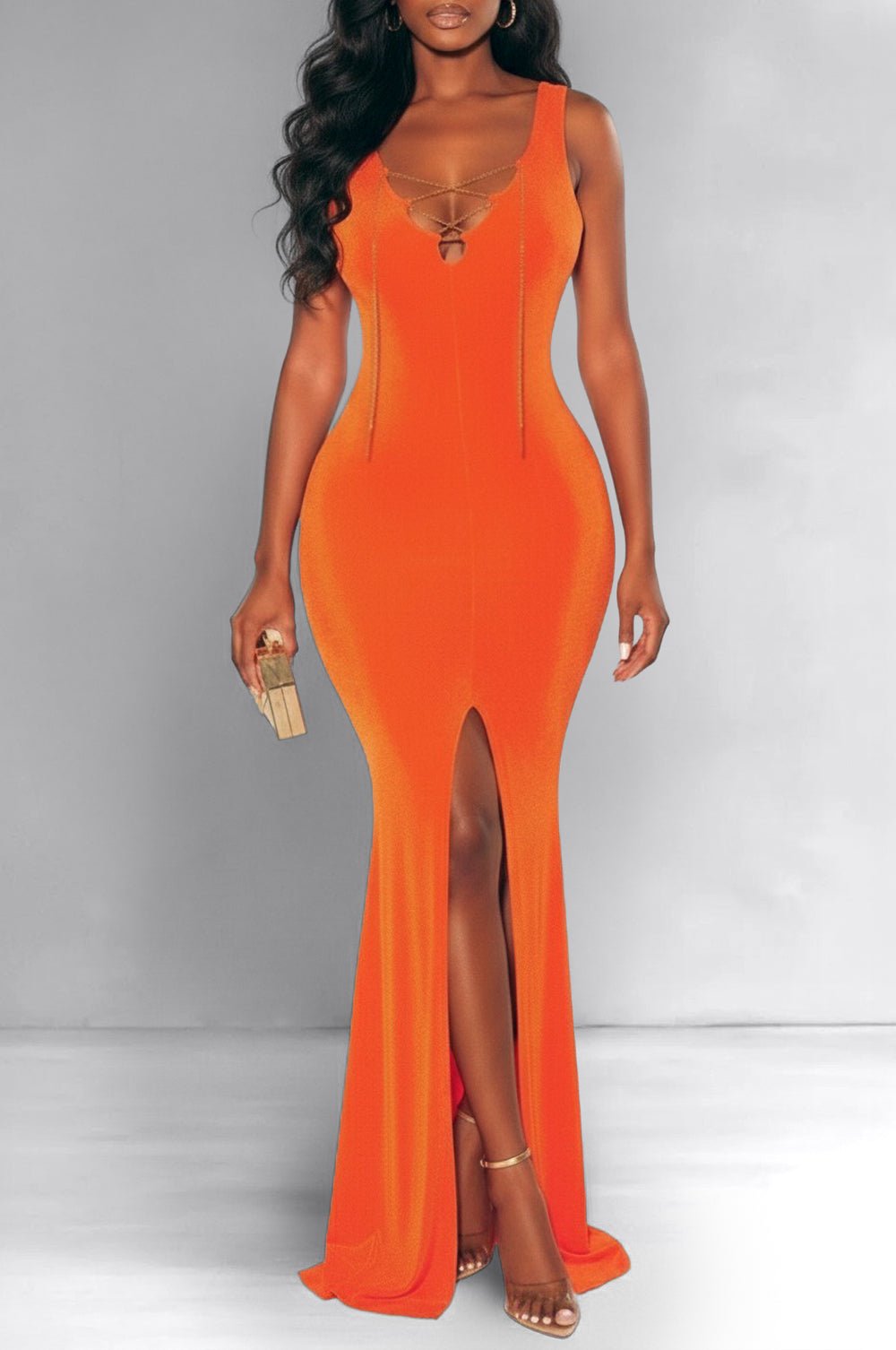 strapless open back dress Tangerine Sleeveless Gold Chain Lace Up Slit Gown Small