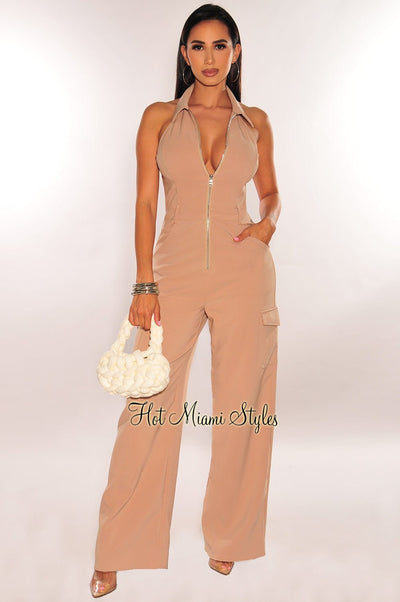 Taupe Collared Zipper Open Back Cargo Woven Wide Leg Jumpsuit - Hot Miami Styles