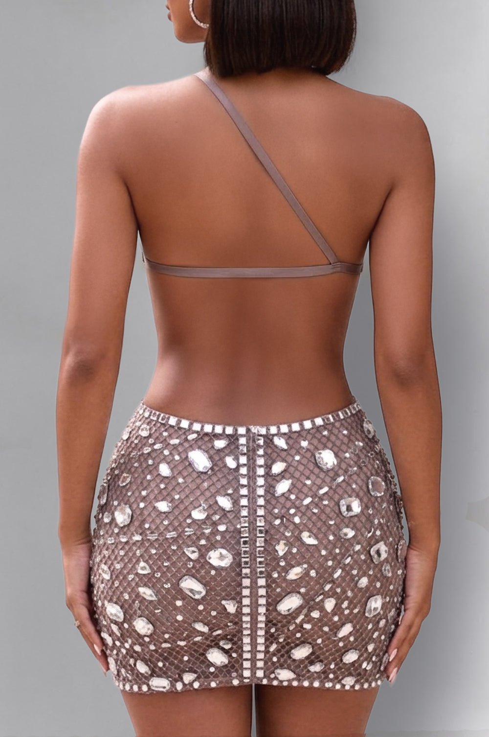 taupe mesh dress Taupe Mesh Silver Rhinestone Cut Out Mini Dress – Hot Miami Styles