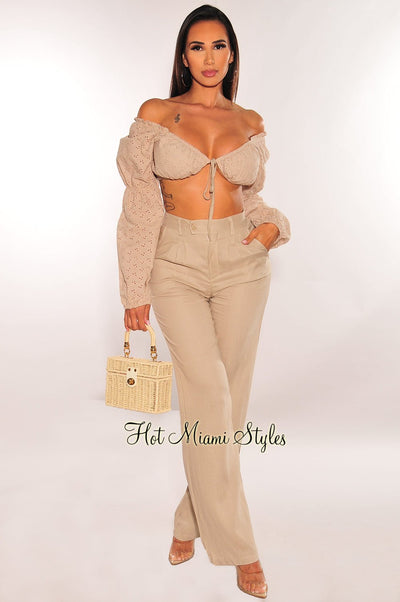 Taupe Peasant Tie Up Long Sleeve High Waist Palazzo Pant Two Piece Set - Hot Miami Styles