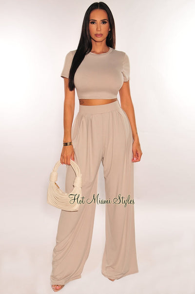Taupe Short Sleeve Cropped High Waist Pleated Wide Leg Pants Two Piece Set - Hot Miami Styles