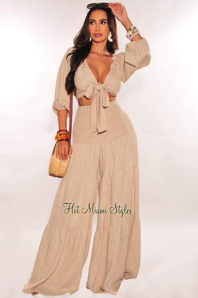 Taupe Tie Up Smocked Linen Palazzo Pants Two Piece Set - Hot Miami Styles