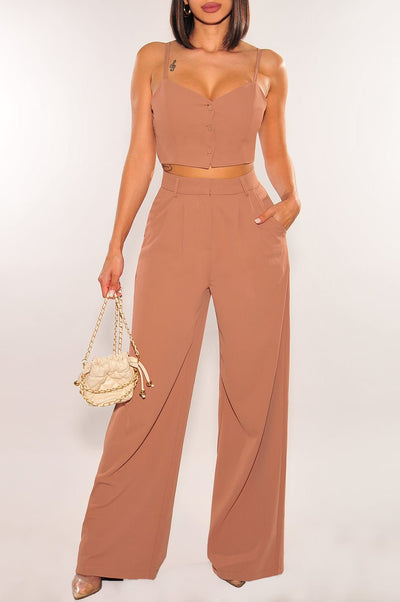 Toffee Spaghetti Strap Button Up Vest Crop High Waist Wide Leg Pants Two Piece Set - Hot Miami Styles