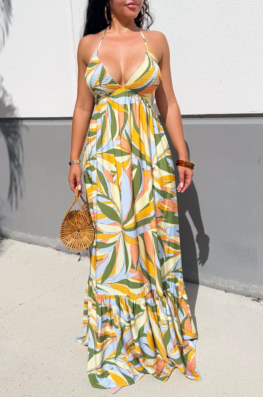 tropical print halter dress Multi Color Palm Smocked Maxi – Hot Miami Styles ring knot detail at Size:09.5 Casbah Linen Dress | blue pencil dress