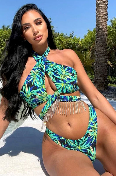 Tropical Print CrissCross Fringe Rhinestone Wrap Around Scrunch Butt Bikini Bottom - Hot Miami Styles