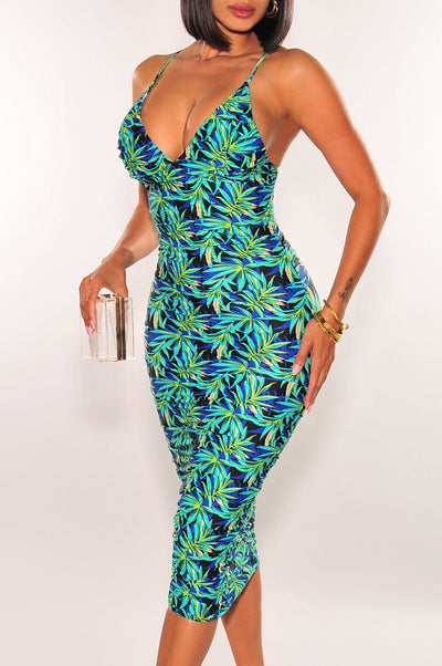 Tropical Print V Neck Spaghetti Straps Ruched Dress - Hot Miami Styles