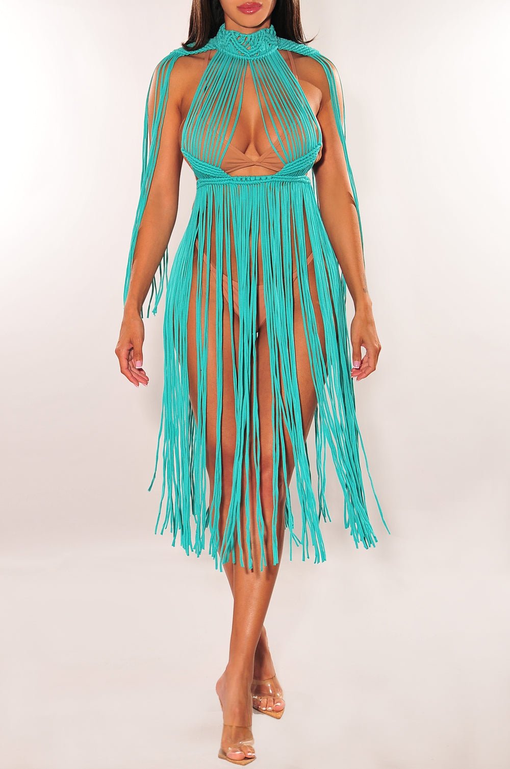 Turquoise Crochet Cape Sleeves Fringe Cover Up Dress Hot Miami Styles Turquoise Crochet Cape Sleeves Fringe Cover Up Dress Hot Miami Styles