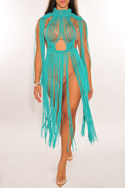 Turquoise Crochet Cape Sleeves Fringe Cover Up Dress - Hot Miami Styles