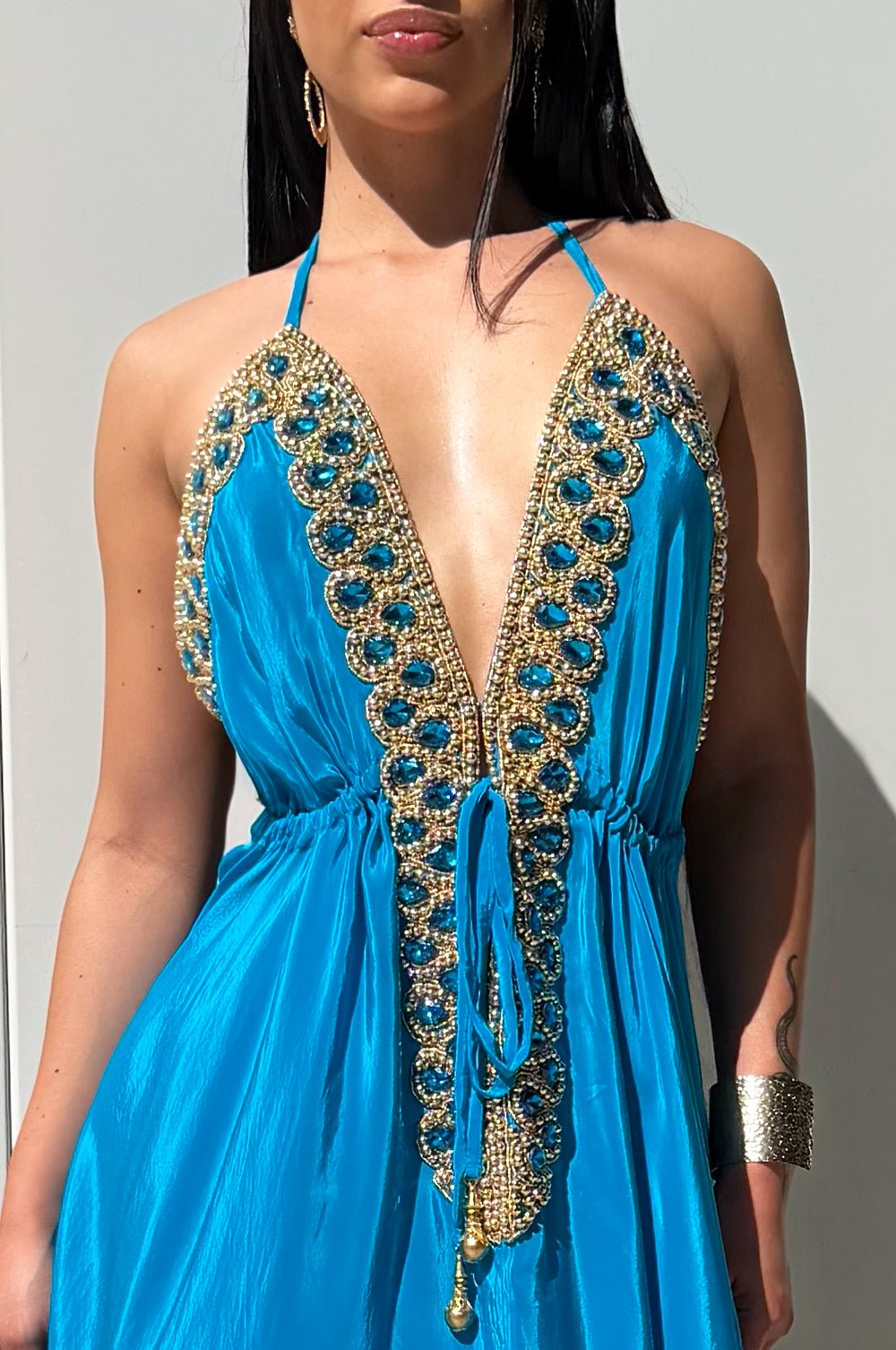 Turquoise Gold Jeweled Drawstring Halter Maxi Dress Hot Miami Styles Turquoise Gold Jeweled Drawstring Halter Maxi Dress Hot Miami Styles
