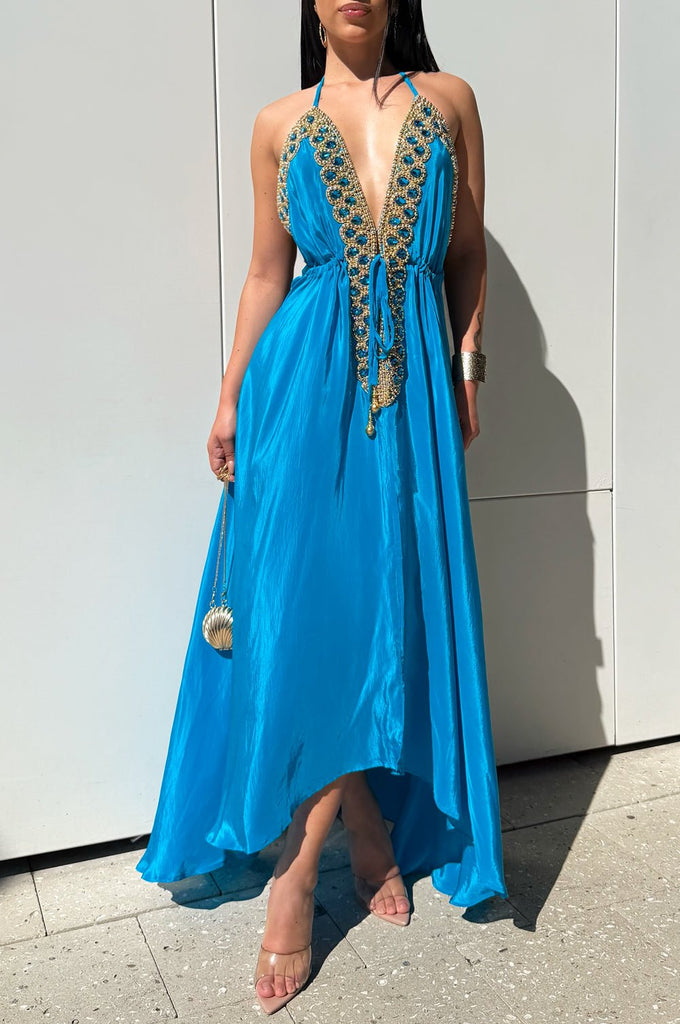 Turquoise Gold Jeweled Drawstring Halter Maxi Dress – Hot Miami Styles