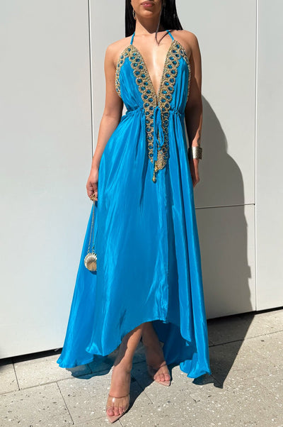 Royal Blue Gold Jeweled Drawstring Halter Maxi Dress Hot Miami Styles Royal Blue Gold Jeweled Drawstring Halter Maxi Dress Hot Miami Styles
