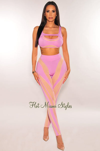 Violet Nude Illusion Sleeveless Stirrup Pants Two Piece Set - Hot Miami Styles