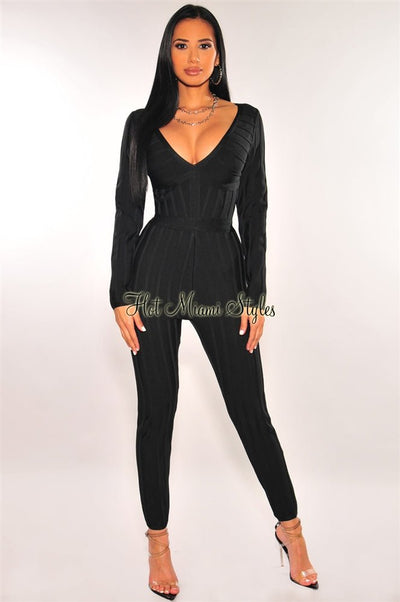 WAIST SNATCHED: Black Bandage Plunge V Neck Ribbed Striped Jumpsuit - Hot Miami Styles