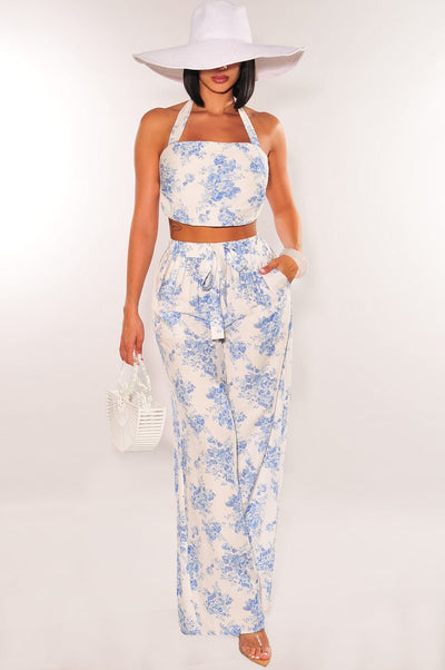 White Blue Floral Linen Halter Crop High Waist Wide Leg Two Piece Pants Set - Hot Miami Styles