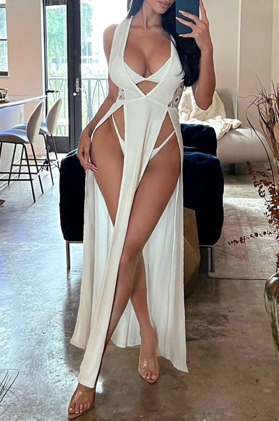 White Crochet Double Slit Cover Up Maxi Dress - Hot Miami Styles
