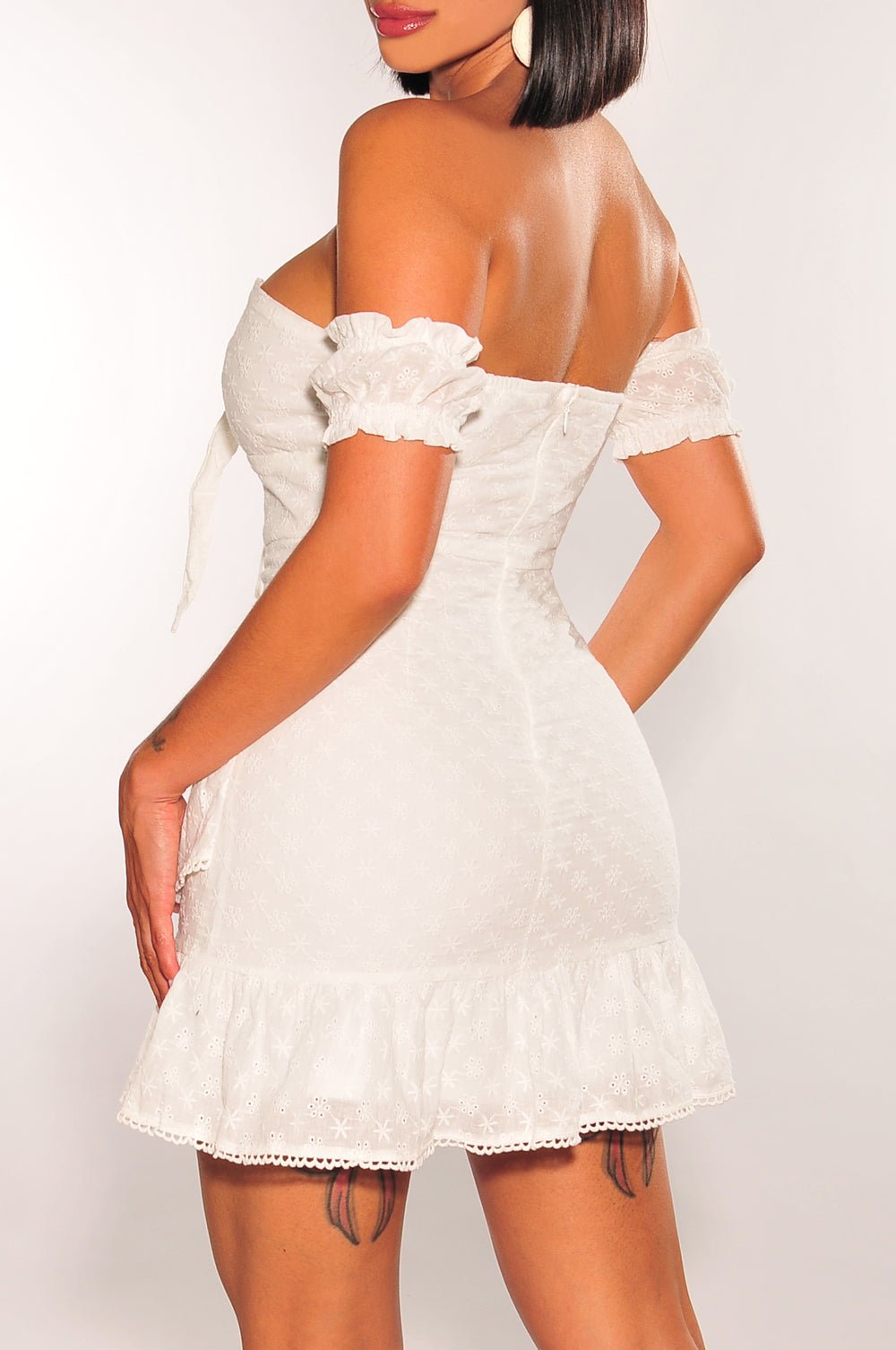 open lace back dress LYANER Women's Tie Back Off Shoulder Wrap Layer Ruffle A Line Short Sleeve  Casual Mini Dress Beige Print X-Small at Amazon Women's Clothing store