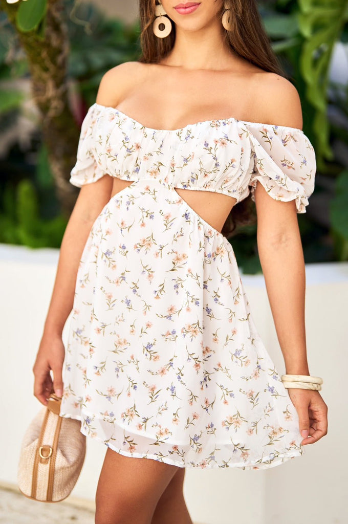 White Floral Print Off Shoulder Short Sleeve Cut Out Babydoll Dress Hot Miami Styles White Floral Print Off Shoulder Short Sleeve Cut Out Babydoll Dress Hot Miami Styles