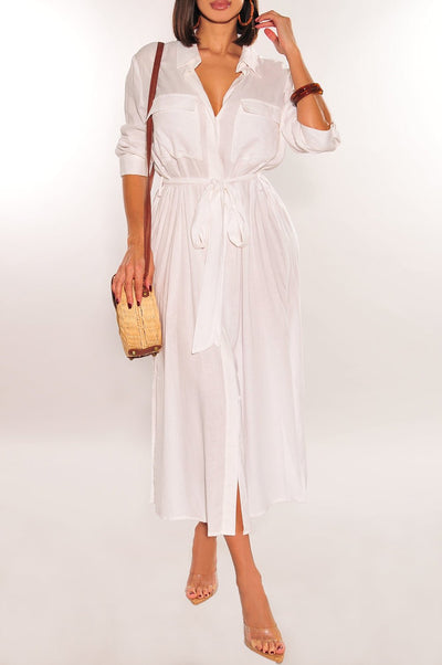 White Linen Mid Sleeve Collared Button Down Belted Dress - Hot Miami Styles