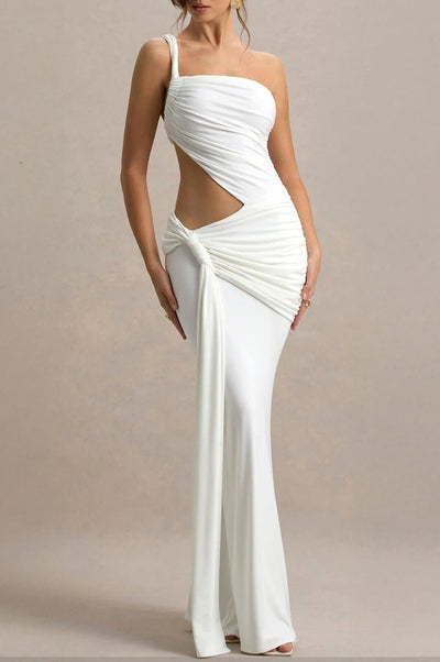 White One Shoulder Cut Out Ruched Maxi Dress - Hot Miami Styles