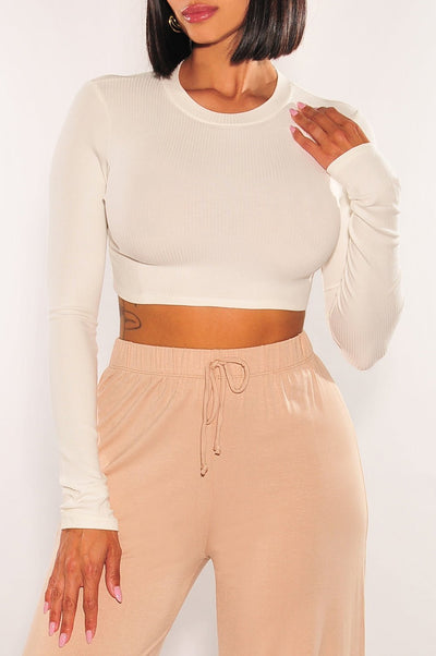 White Ribbed Long Sleeve Cropped Top - Hot Miami Styles