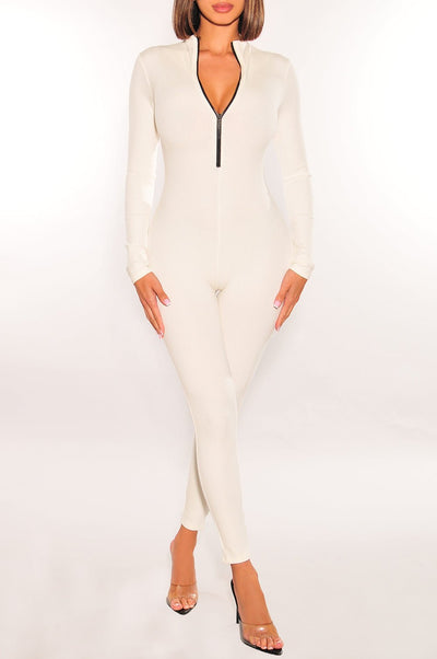 White Ribbed Zipper Long Sleeve Jumpsuit - Hot Miami Styles