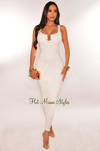 White Sleeveless Gold Ring Cut Out Ruched Back Dress - Hot Miami Styles