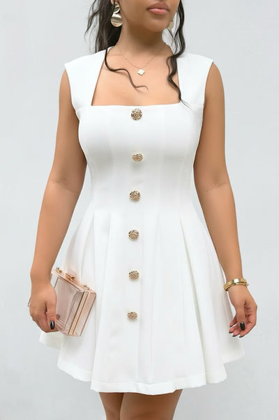 White Square Neck Pleated Flare Mini Dress - Hot Miami Styles
