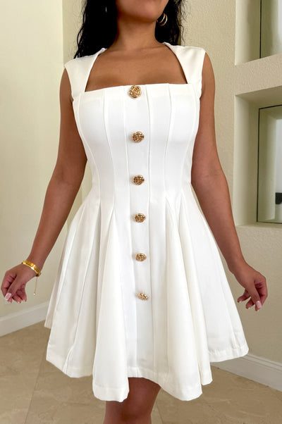 White Square Neck Pleated Flare Mini Dress - Hot Miami Styles