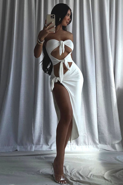 White Strapless Tie Up Cut Out Slit Midi Dress - Hot Miami Styles