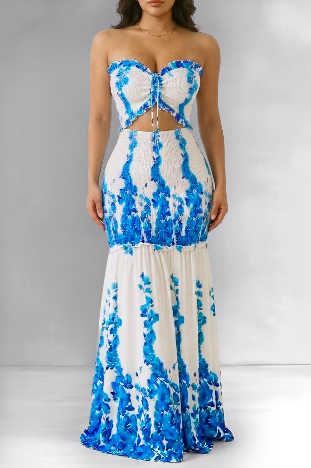 smocked strapless dress White Turquoise Strapless Floral Print Smocked Maxi Dress – Hot Miami Styles