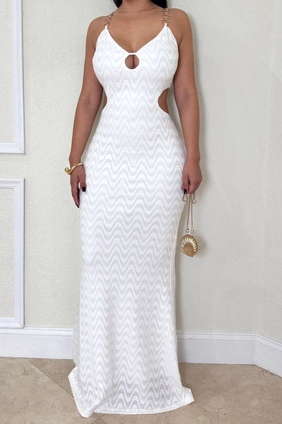 White V Neck Chain Strap Keyhole Cut Out Textured Maxi Dress - Hot Miami Styles