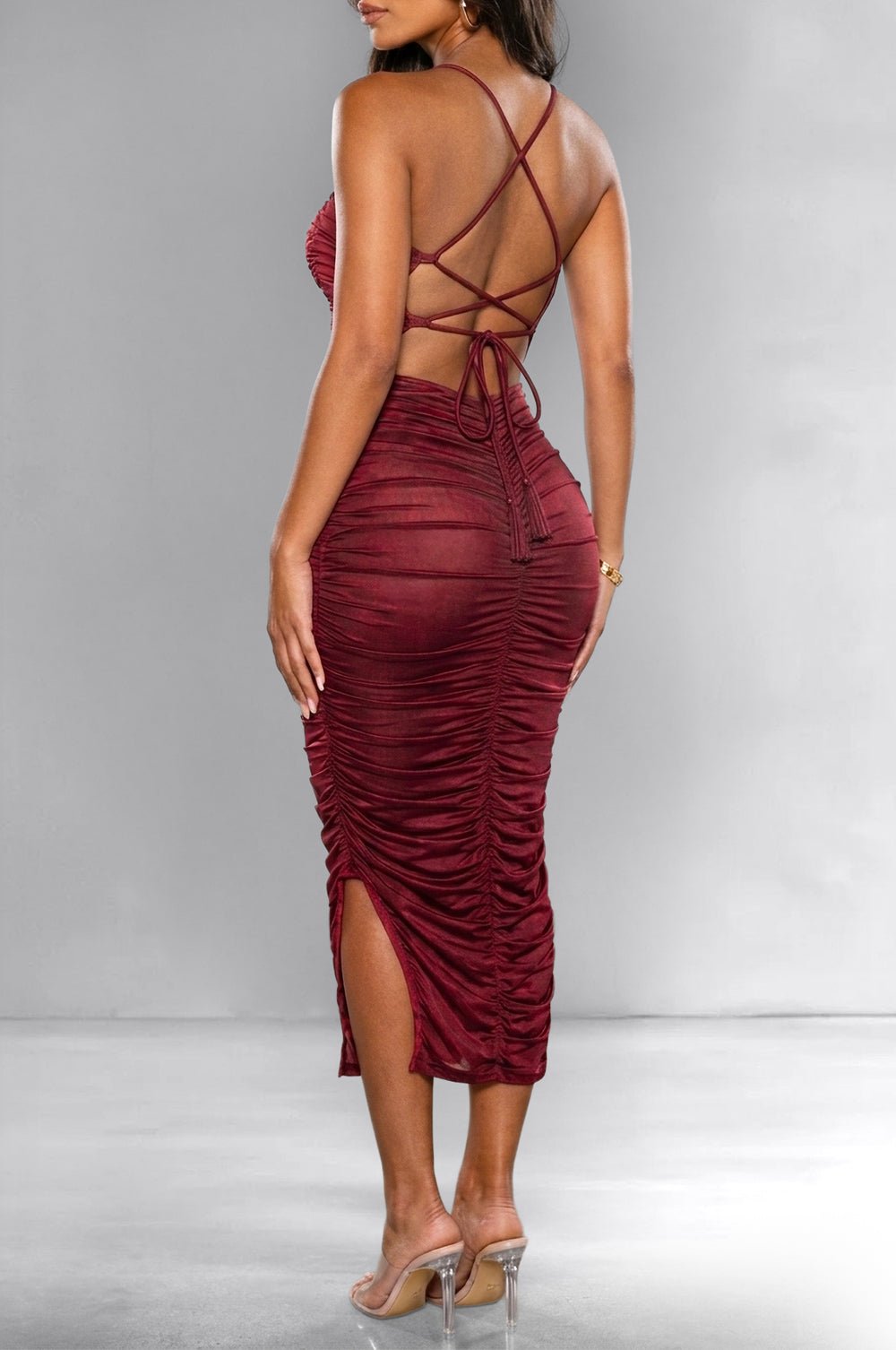 ruched booty dress Women's Sexy Metal Chain Linked Halter Tie Hardware Backless Scrunch Butt  Cinched Side Thigh High Split Maxi Bodycon Dress In GREEN
