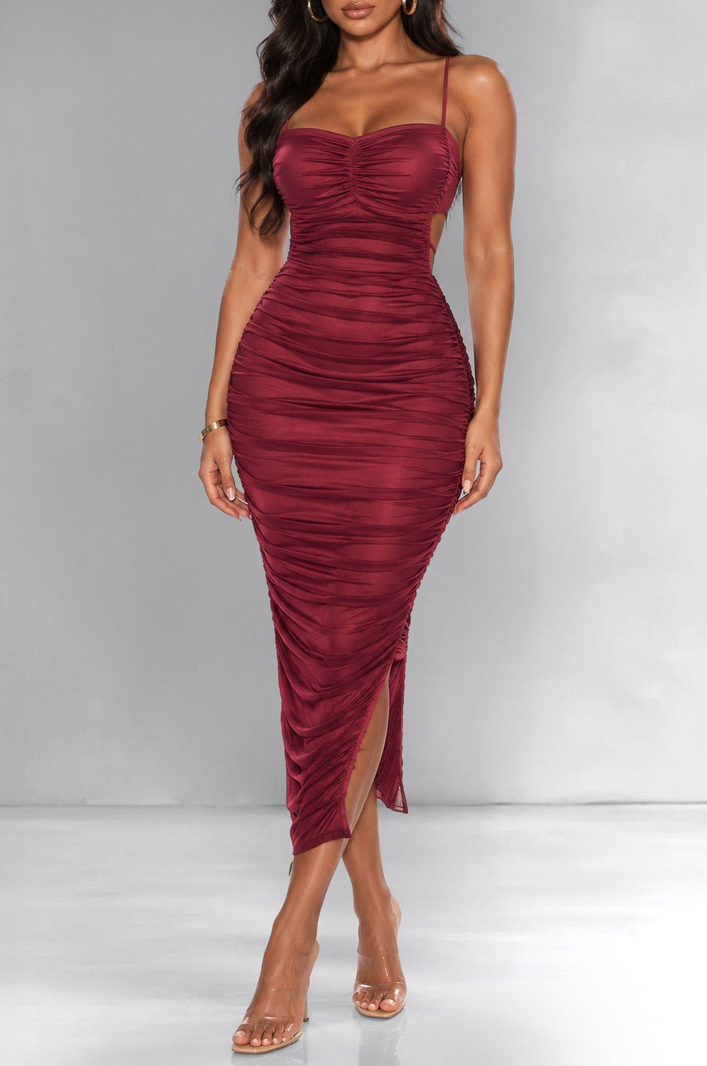 Wine Mesh Lace Up Back Ruched Slit Midi Dress Small