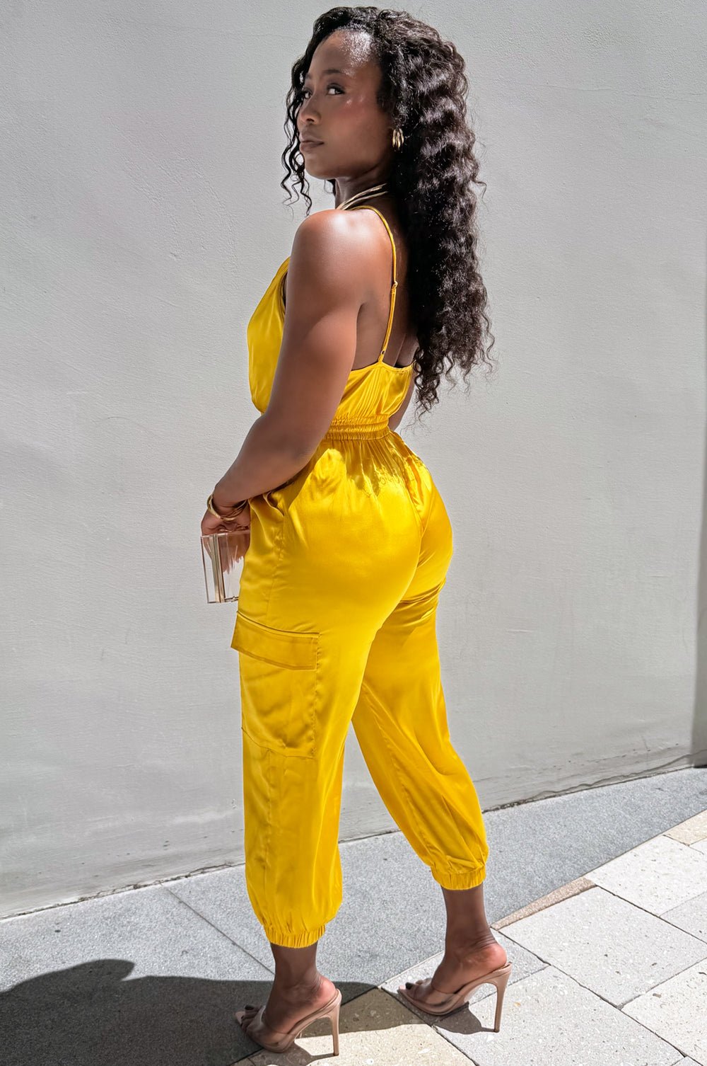 Yellow Gold Satin Spaghetti Strap Snatched Jumpsuit – Hot Miami Styles