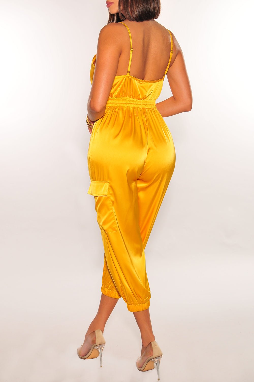 Yellow Gold Satin Spaghetti Strap Snatched Jumpsuit