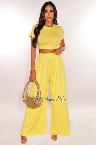 Yellow Short Sleeve Cropped High Waist Pleated Wide Leg Pants Two Piece Set - Hot Miami Styles
