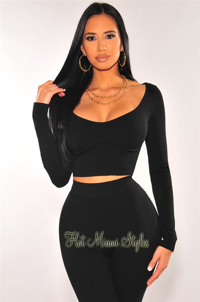 Black Ribbed Knit Faux Bustier Long Sleeves Crop Top