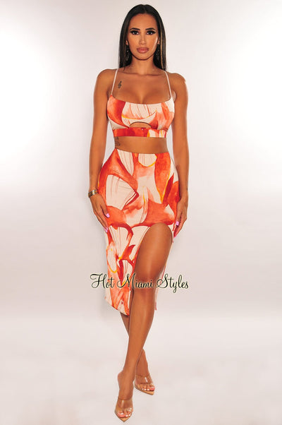 Amber Palm Print Cut Out Spaghetti Straps Slit Skirt Two Piece Set - Hot Miami Styles