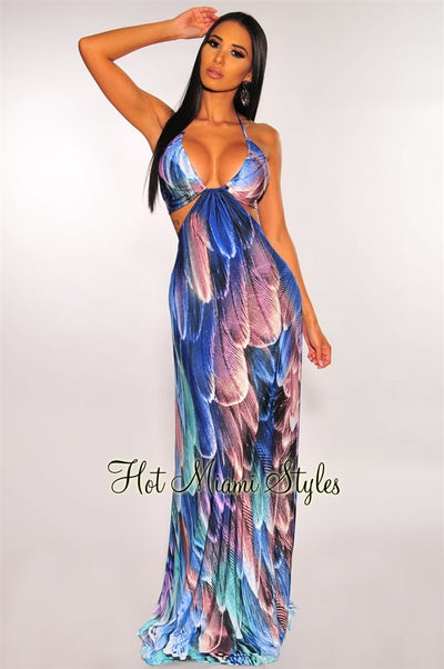 Amethyst Feather Print Cut Out Halter Maxi Dress - Hot Miami Styles