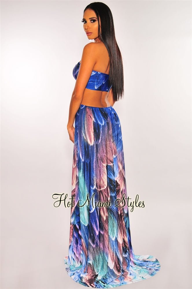 Amethyst Feather Print Cut Out Halter Maxi Dress – Hot Miami Styles