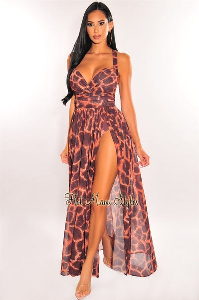 Animal Print V Neck Crisscross Back Double Slit Maxi Dress - Hot Miami Styles