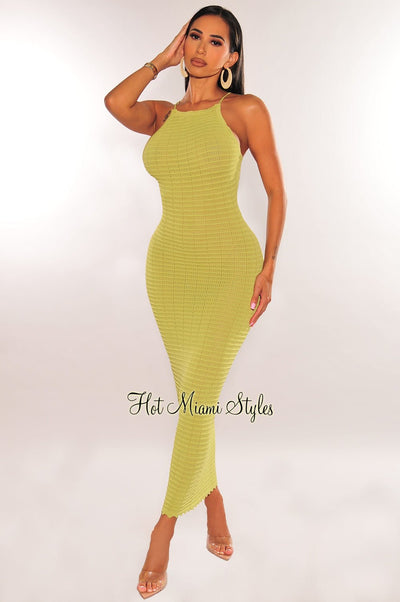 Apple Green Crochet Lace Up Back Midi Dress - Hot Miami Styles