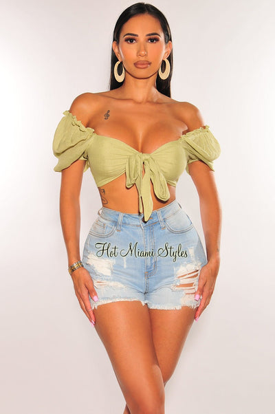Apple Green Linen Puffed Sleeve Tie Up Smocked Crop Top - Hot Miami Styles